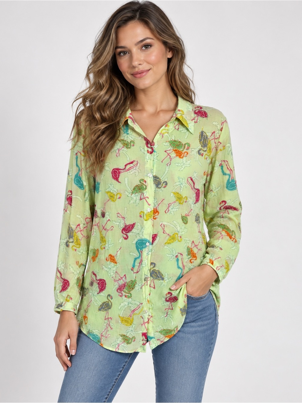 Fresh Produce 2X Flamingo Print Button Front Shirt 100% Cotton Tropical Blouse